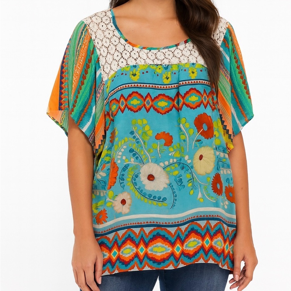 Fig & Flower Womens Blouse Top Sheer Floral Striped Size X-Large